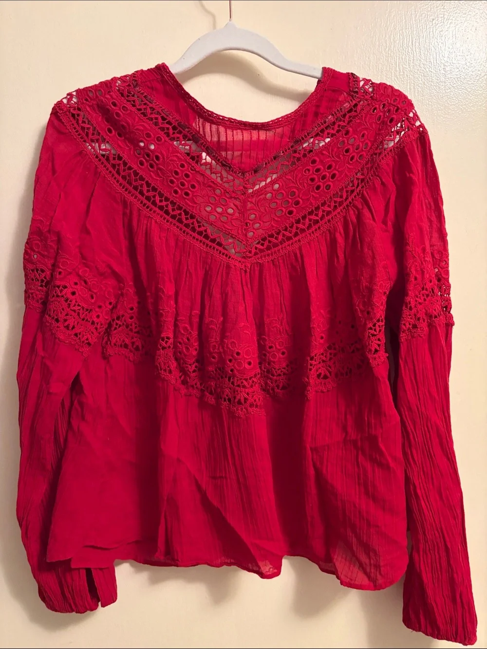 Free People Crimson Lace Yoke Boho Blouse
